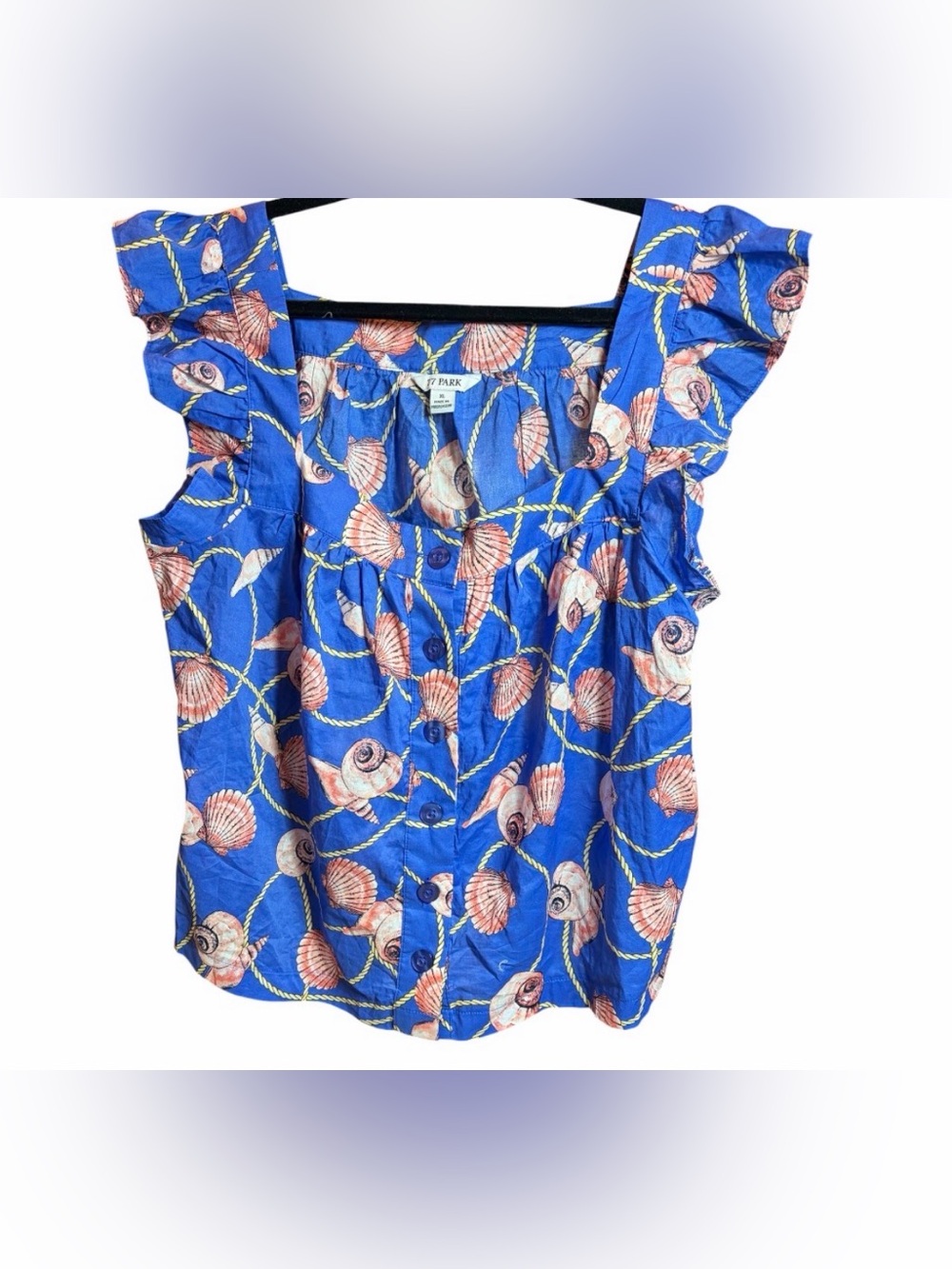 77 Park XL Ruffle Button front Square neck Seashell Blue Cotton XL Blouse NWT